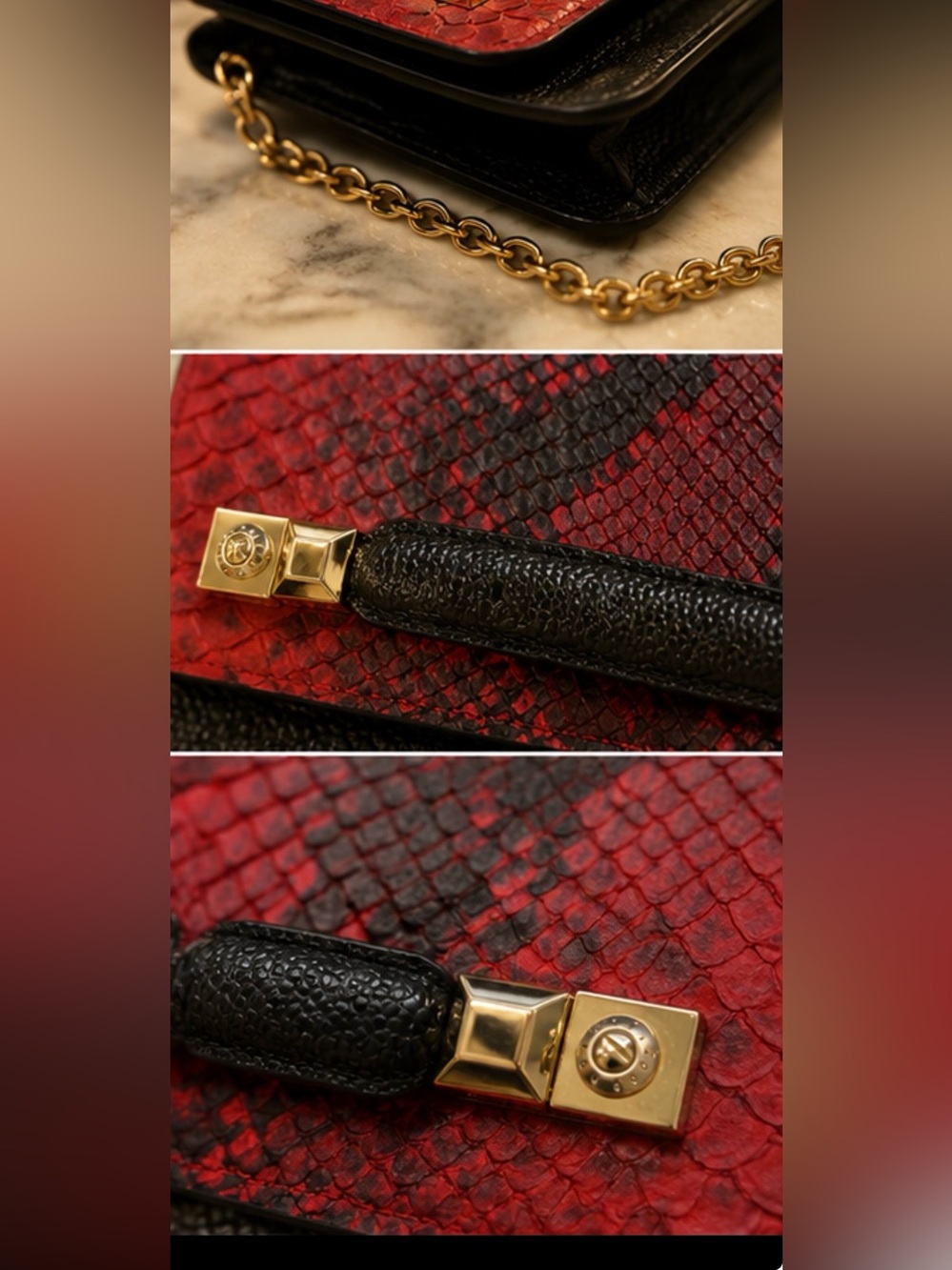 Henri Bendel Exotic Red and Black Snake-Embossed Clutch with Gold Hardware - Picture 3 of 13